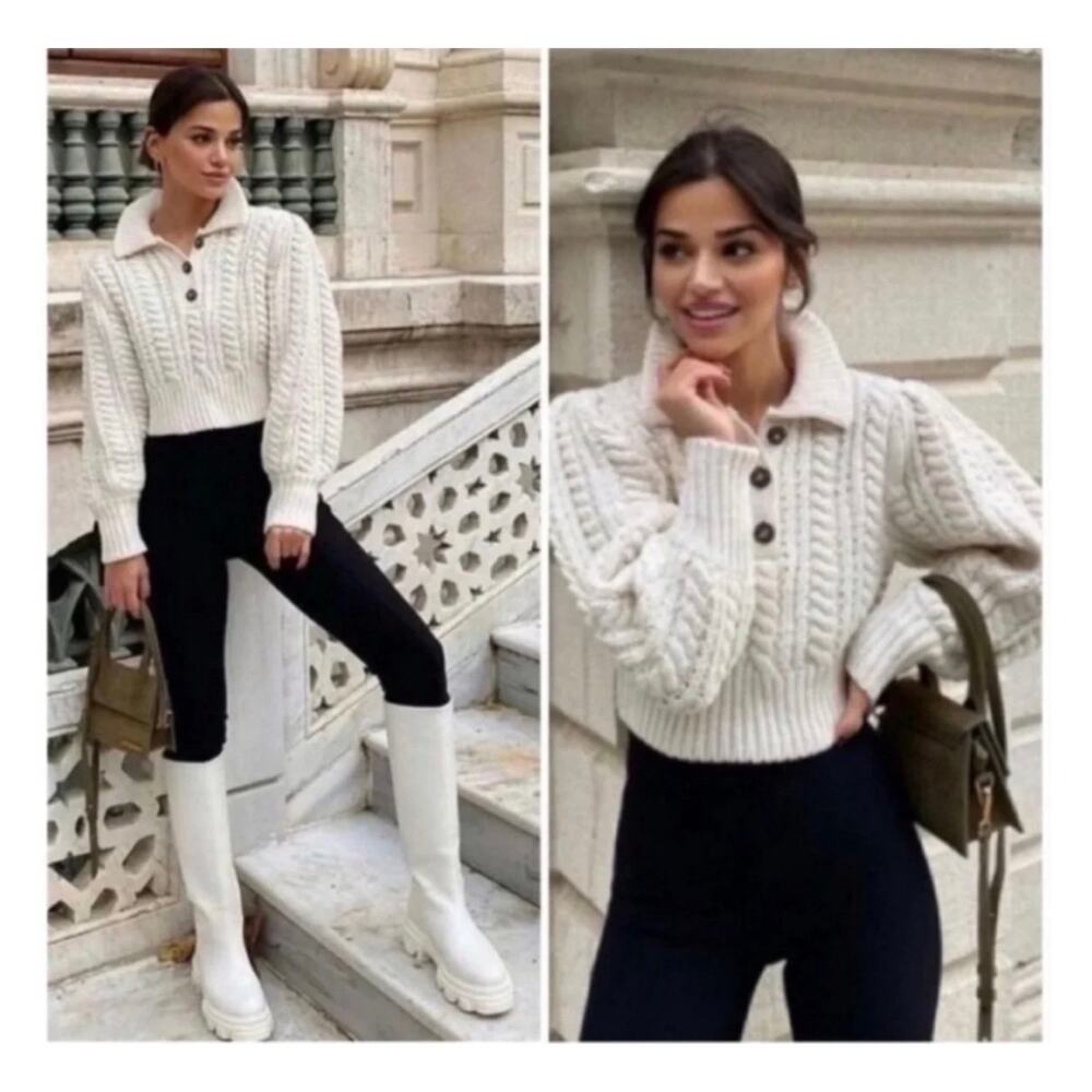 NWT Zara Ivory Cropped Cable Knit Jeweled Sweater Size M